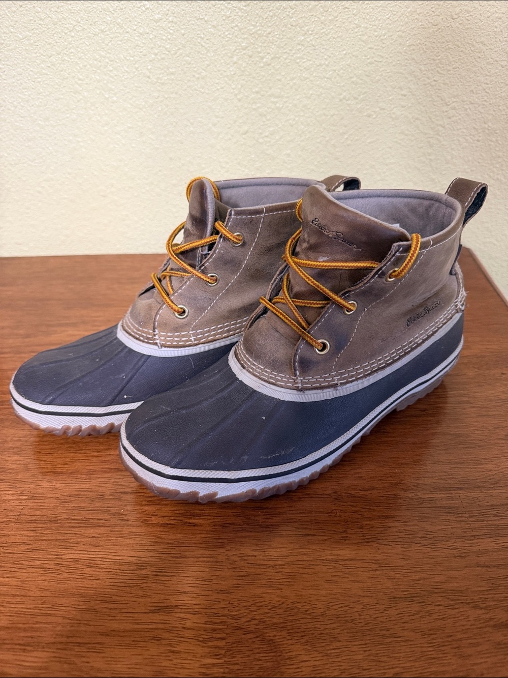 Eddie Bauer Two-Tone Duck Boots in Brown, Black and Yellow Laces